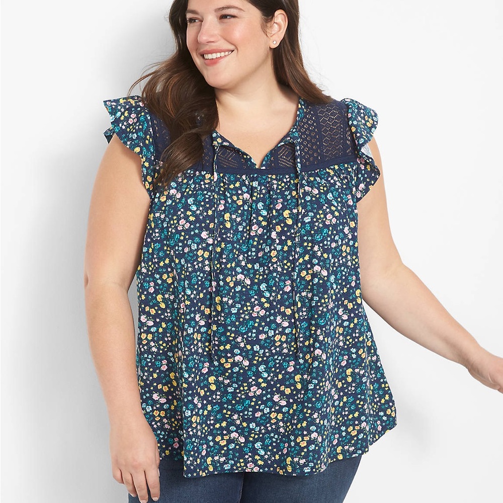 Blue Floral Swing Sleeveless Notch-Neck Shirt